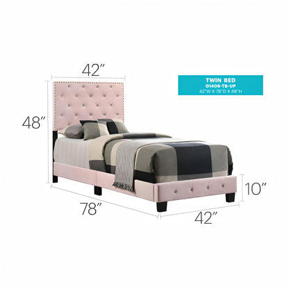 Pink Velvet Twin Bed Frame - 47"H x 42"W x 77"D for Bedroom