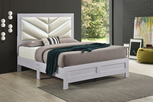 Queen Wood Bed with White Faux Leather Headboard