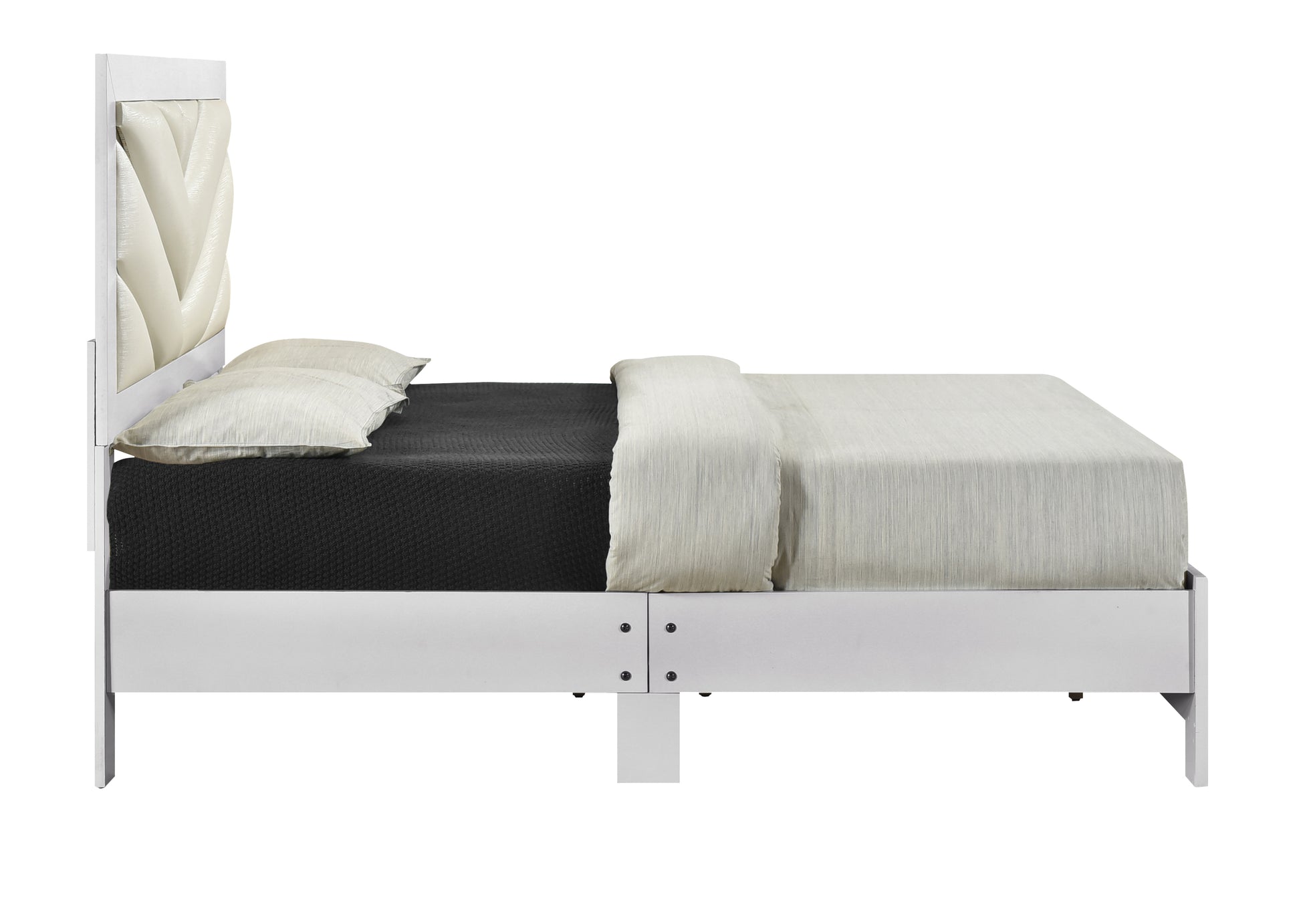 Queen Wood Bed with White Faux Leather Headboard
