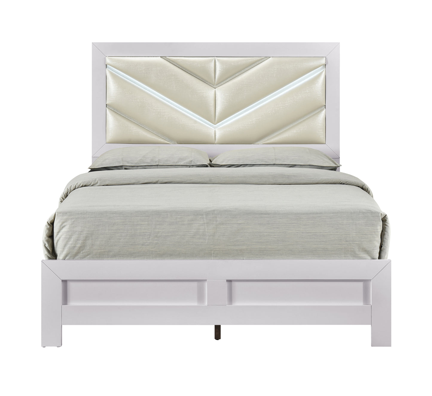 Queen Wood Bed with White Faux Leather Headboard