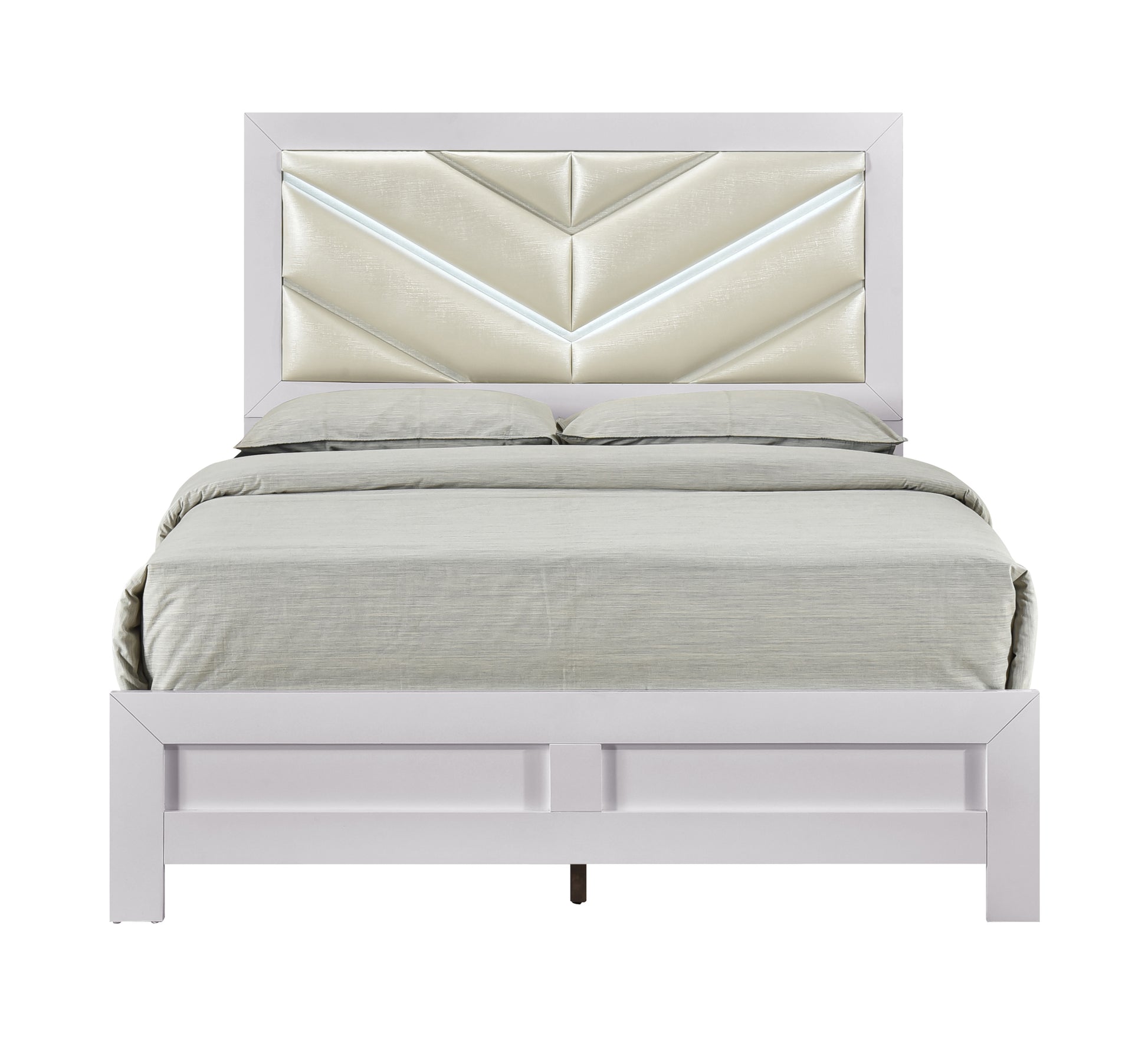Queen Wood Bed with White Faux Leather Headboard