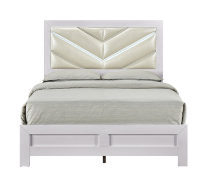 Queen Wood Bed with White Faux Leather Headboard