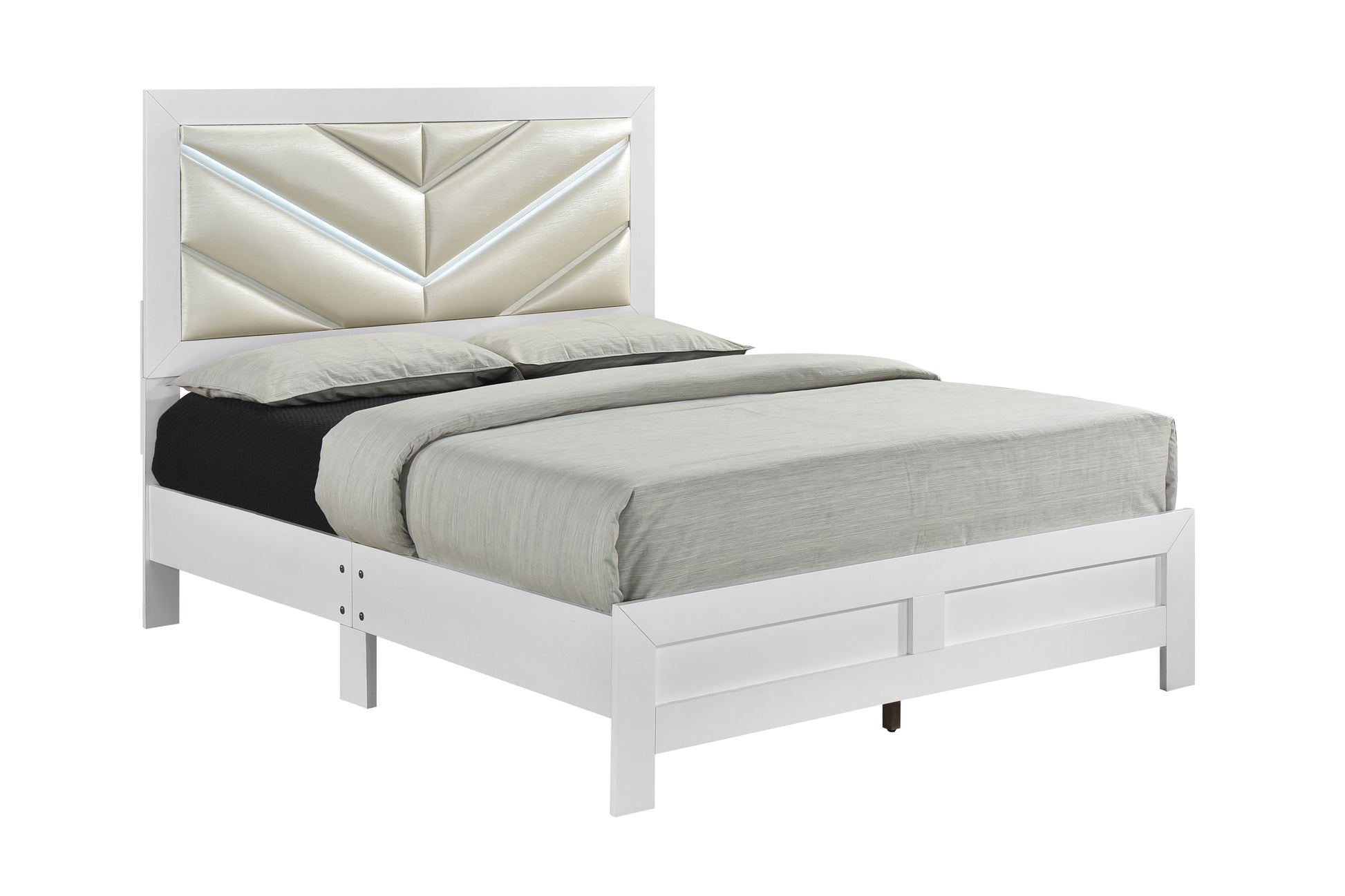 Queen Wood Bed with White Faux Leather Headboard