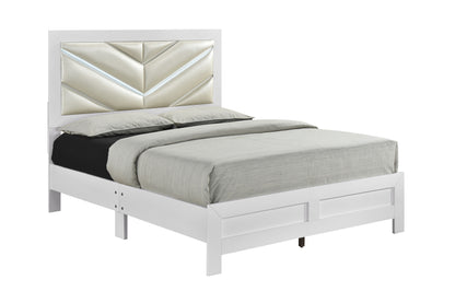 Queen Wood Bed with White Faux Leather Headboard