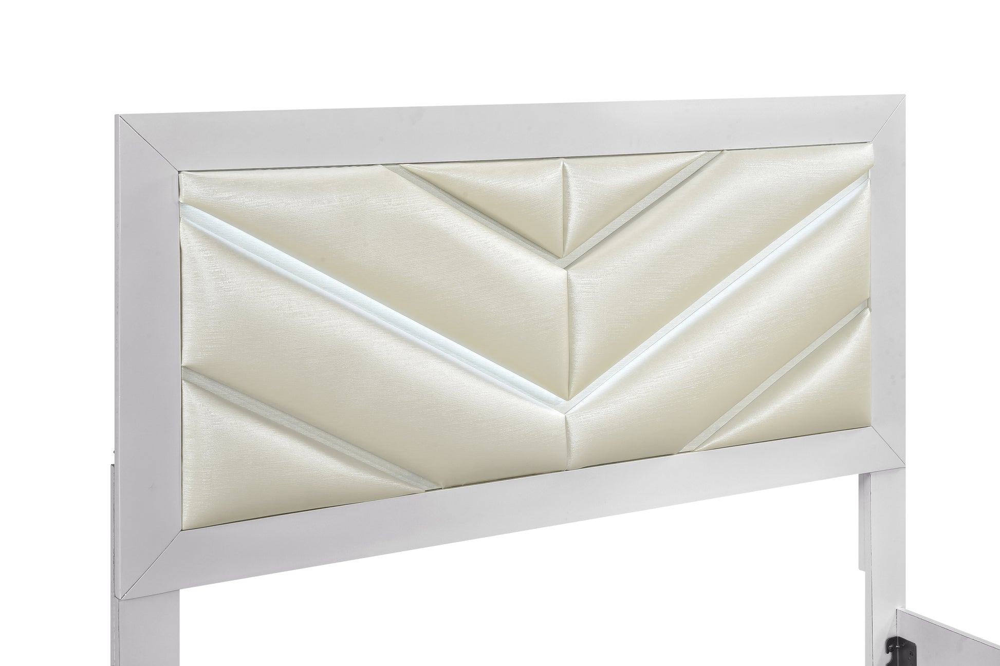 Queen Wood Bed with White Faux Leather Headboard