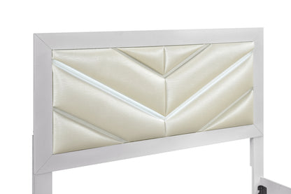 Queen Wood Bed with White Faux Leather Headboard