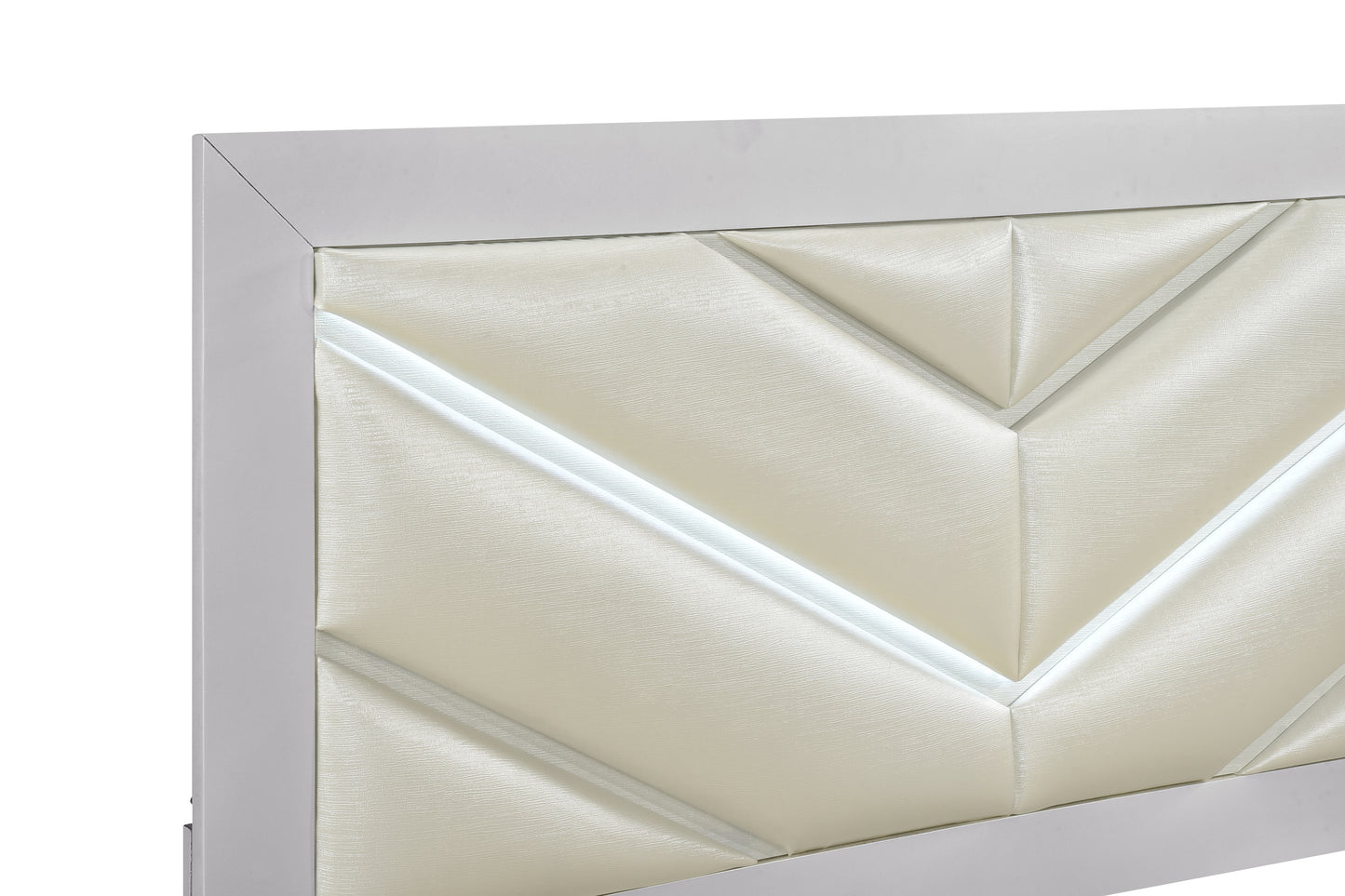 Queen Wood Bed with White Faux Leather Headboard