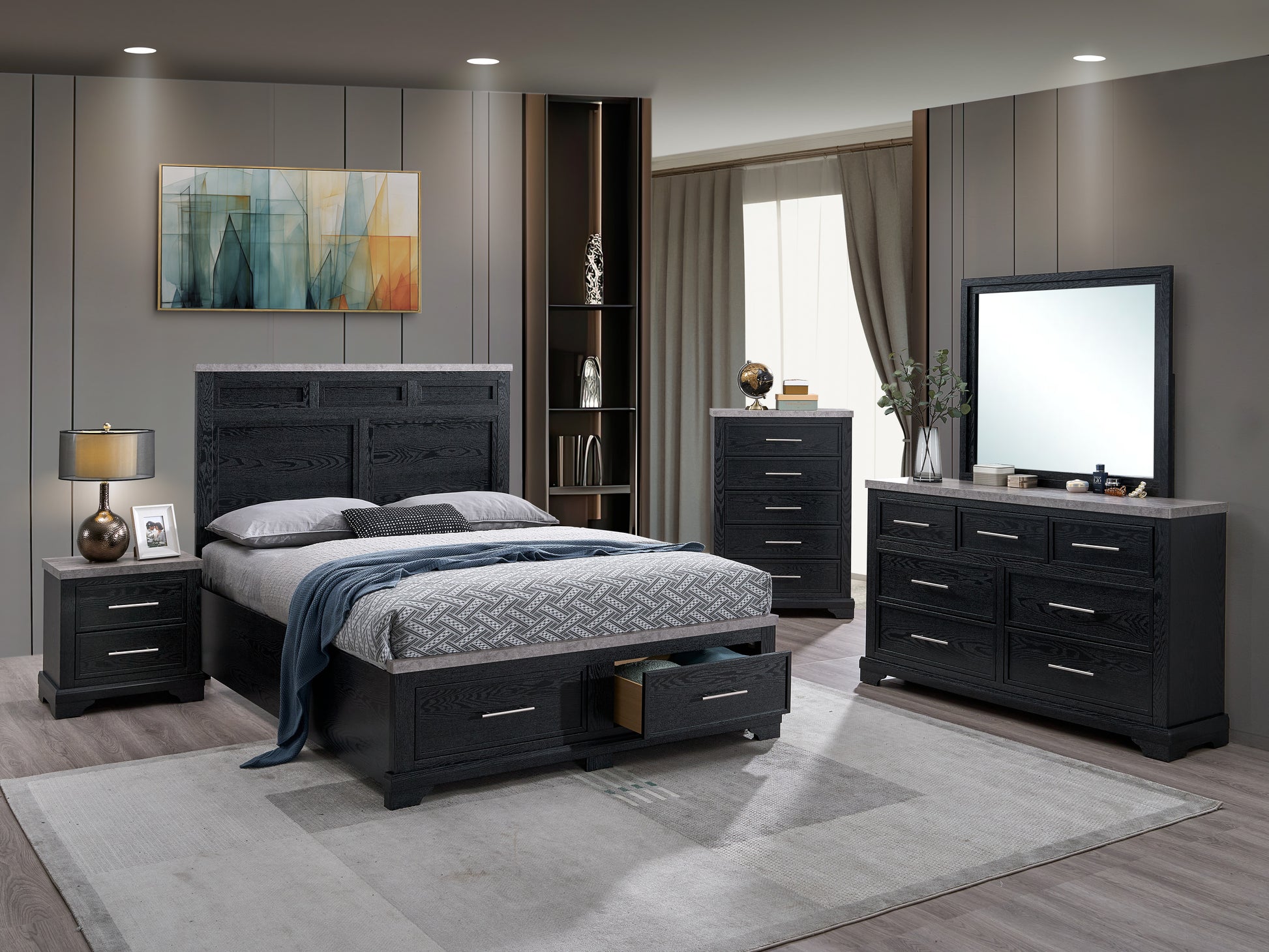 Black Wood Queen Bed with Storage Headboard