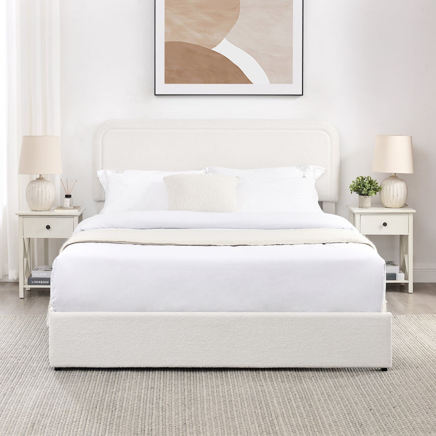 Queen Size Ivory Metal Bed Frame with Storage Drawers