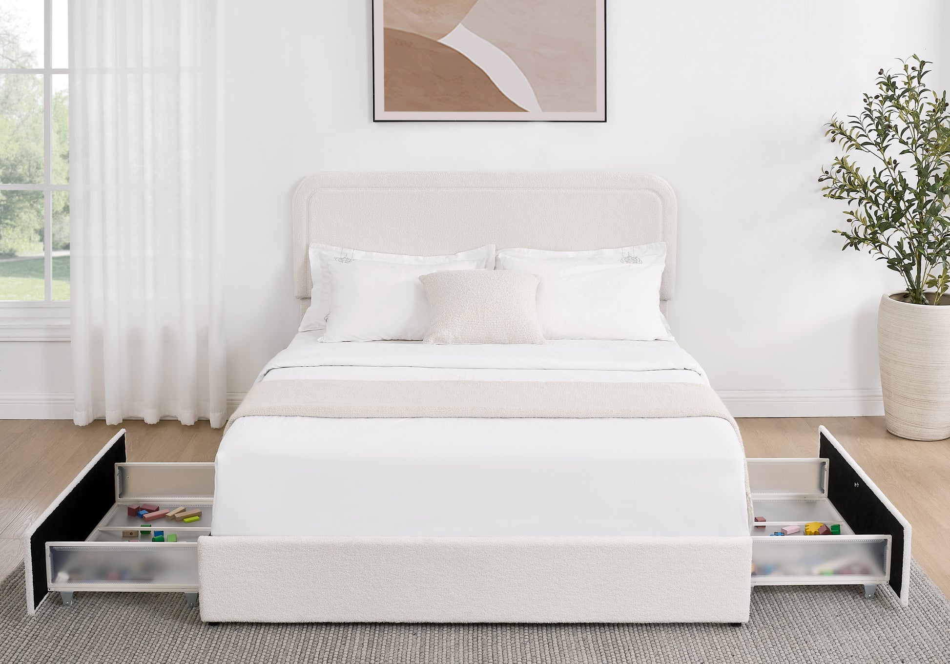 Queen Size Ivory Metal Bed Frame with Storage Drawers