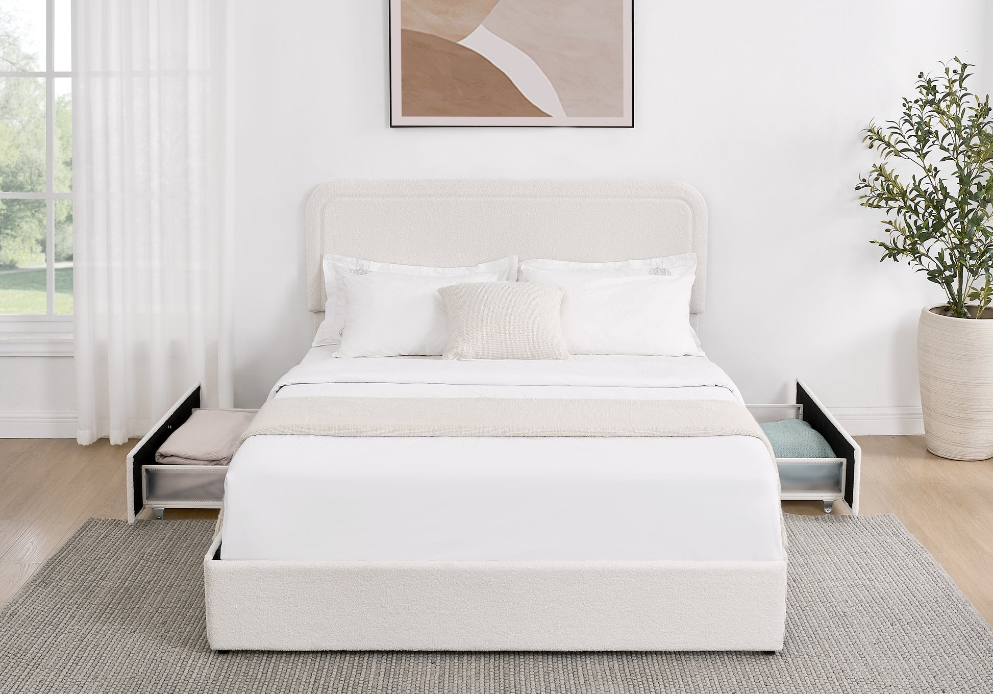 Queen Size Ivory Metal Bed Frame with Storage Drawers