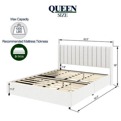 Queen Ivory Boucle Bed Frame - Storage Platform Bed