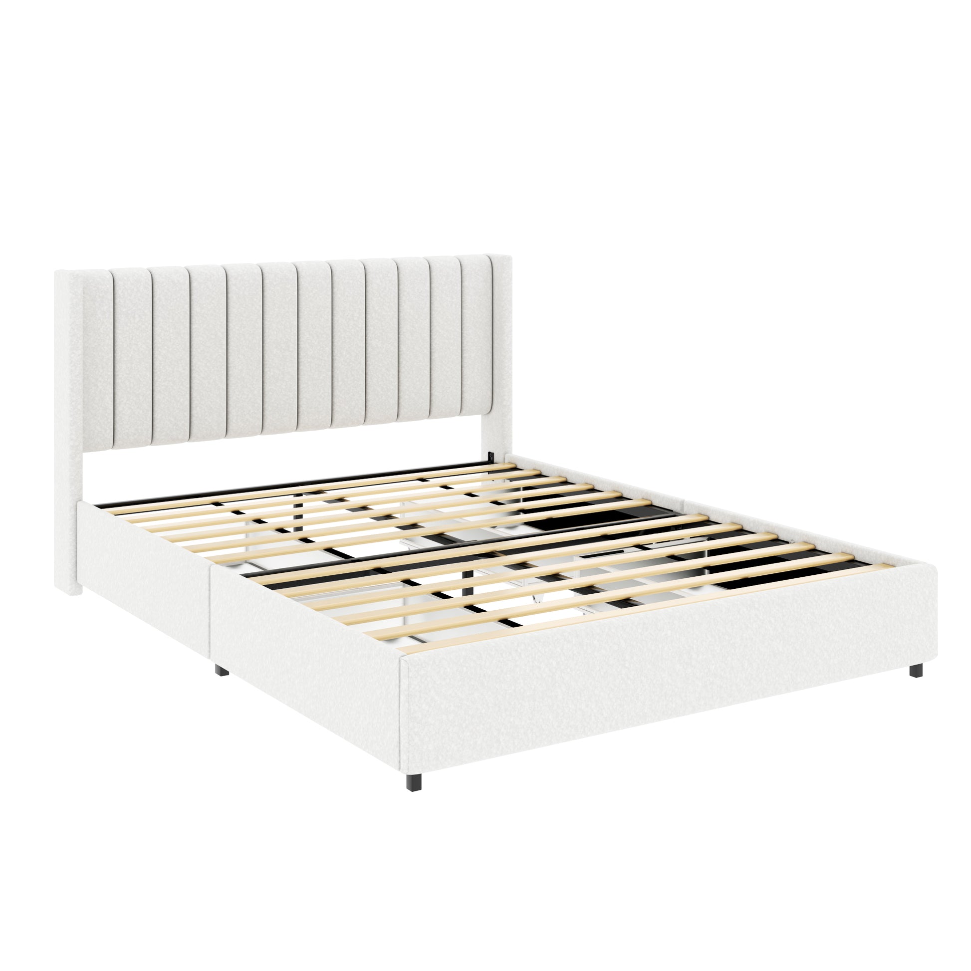Queen Ivory Boucle Bed Frame - Storage Platform Bed