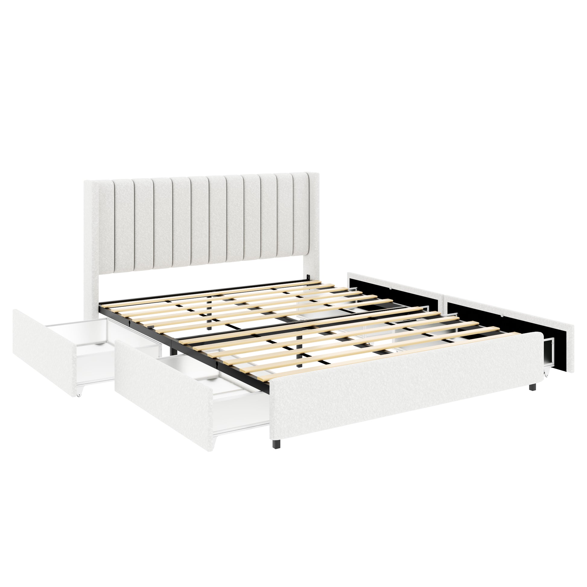 Queen Ivory Boucle Bed Frame - Storage Platform Bed