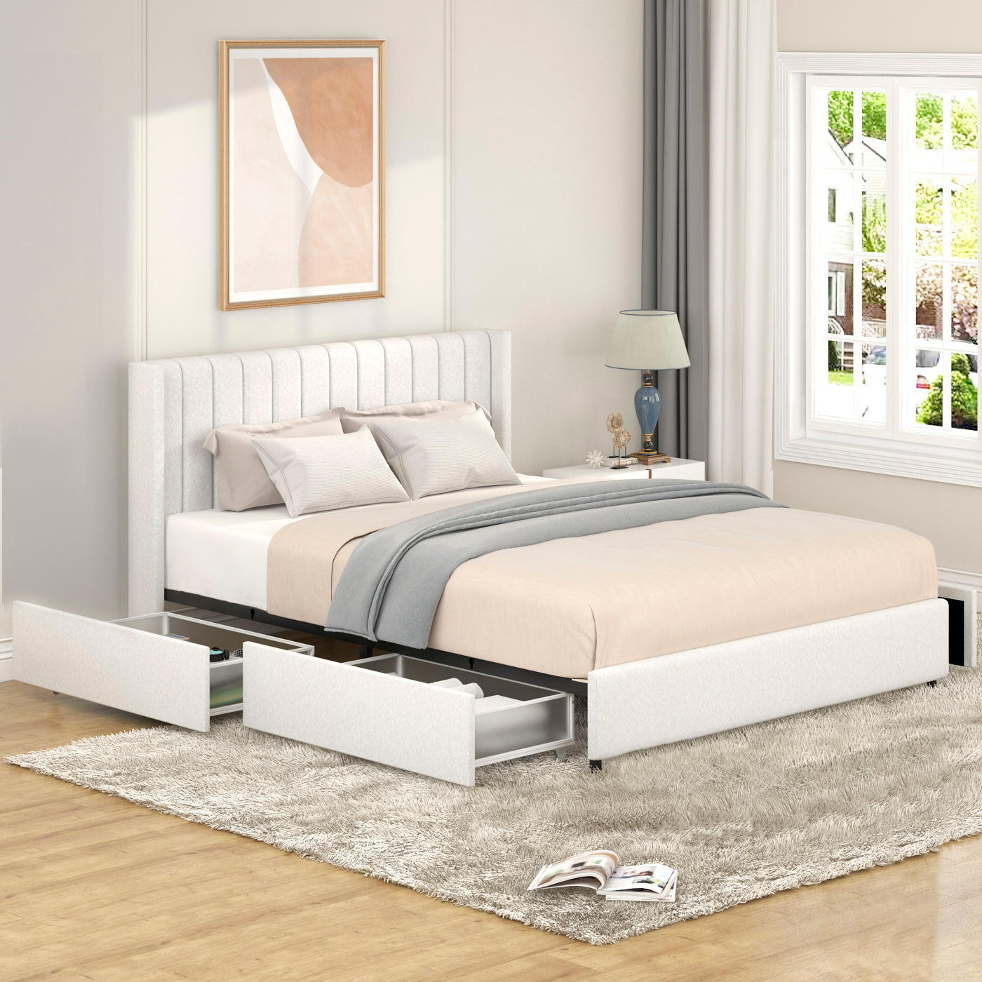 Anda Queen Size Ivory Boucle Upholstered Platform Bed with Patented 4 Drawers Storage, Tufted Headboard, Wooden Slat Mattress Support, No Box Spring Needed