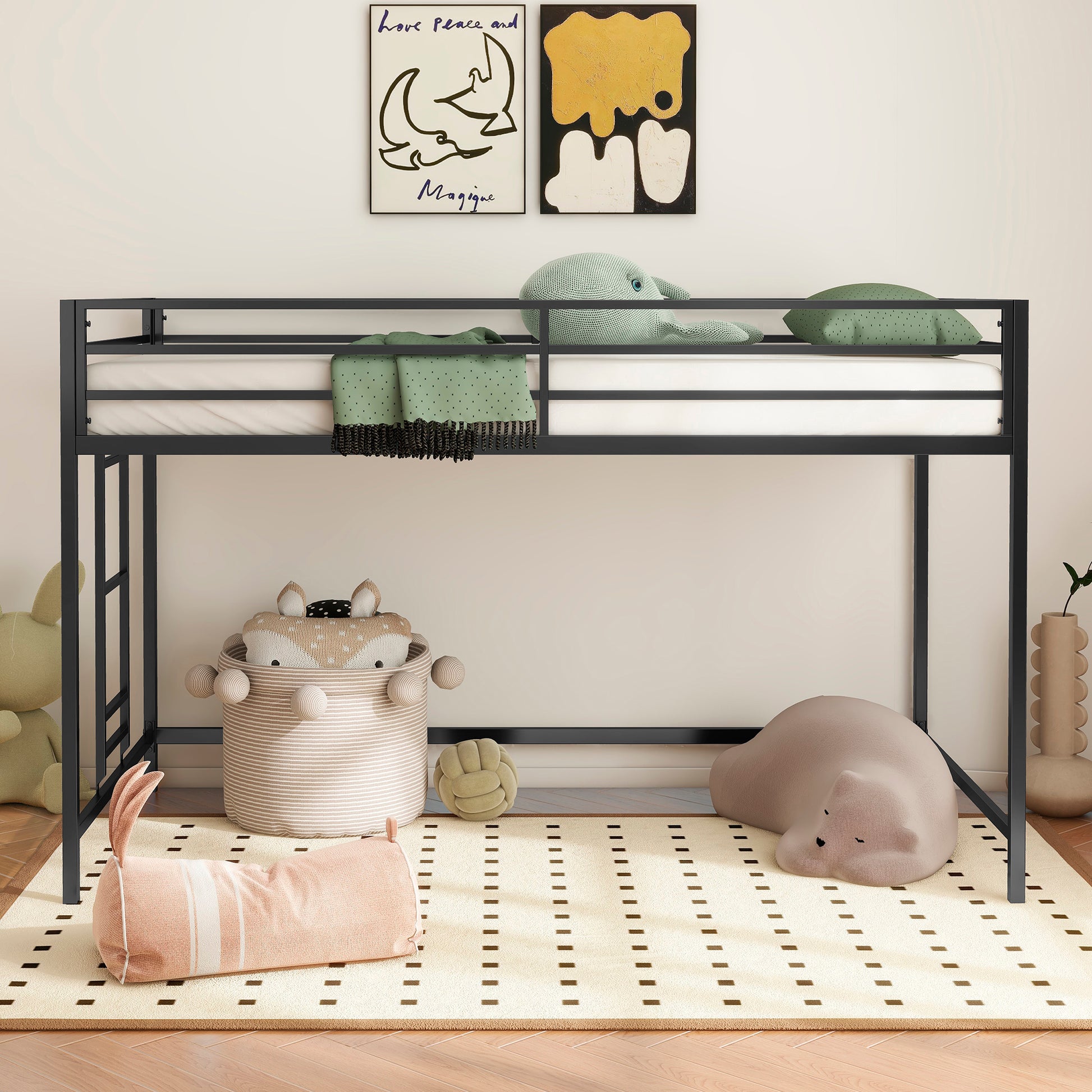 Adam sturdy junior twin loft bed black for kids, space saving, Loft Bed with easy climbing Ladder and Guardrails, Loft Bed Frame for Bedroom