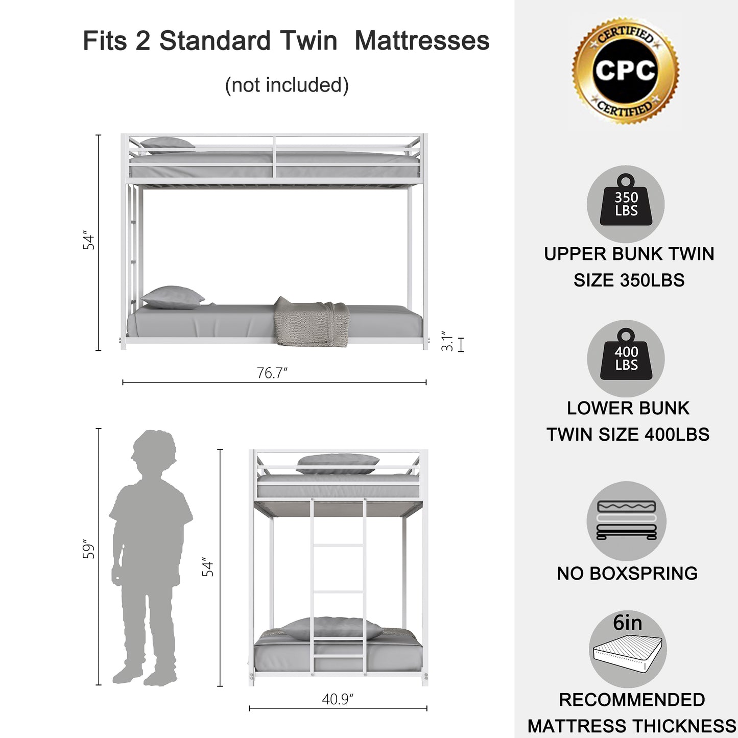 Twin Over Twin Metal Bunk Bed Frame White