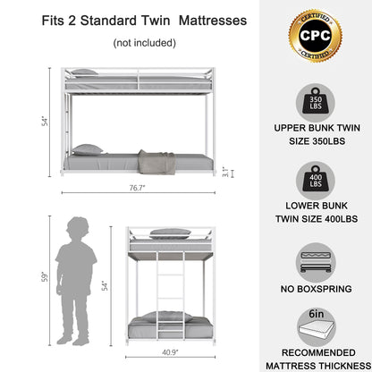 Twin Over Twin Metal Bunk Bed Frame White