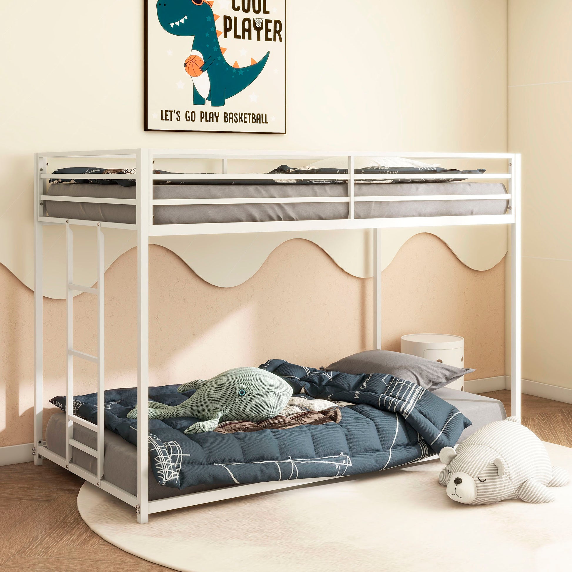 Same as B083P160613 Adam Sturdy Twin over Twin Bunk Bed Metal White for Kids and Adult, Low Profile and Easy Climbing with Stable Ladder
