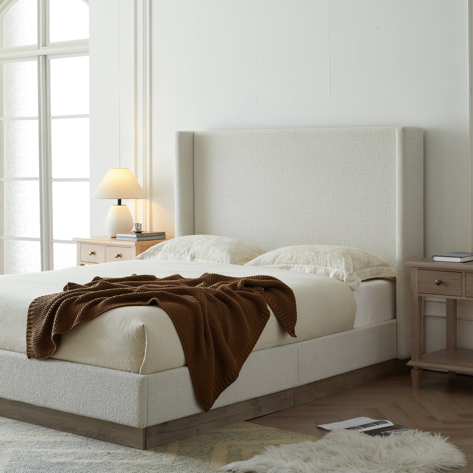 King Size Upholstered Wingback Bed - Cream White, Light Grey + Camel Oak