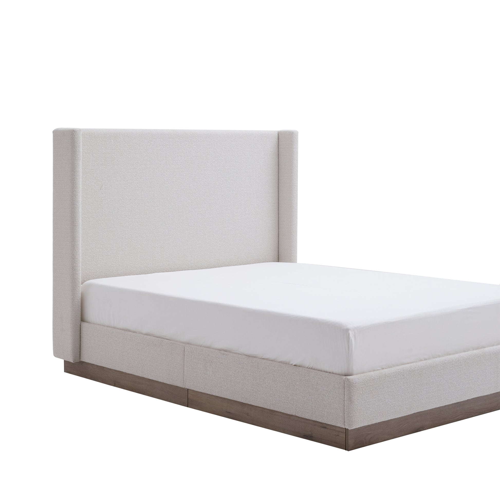 King Size Upholstered Wingback Bed - Cream White, Light Grey + Camel Oak