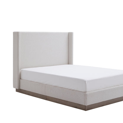 King Size Upholstered Wingback Bed - Cream White, Light Grey + Camel Oak