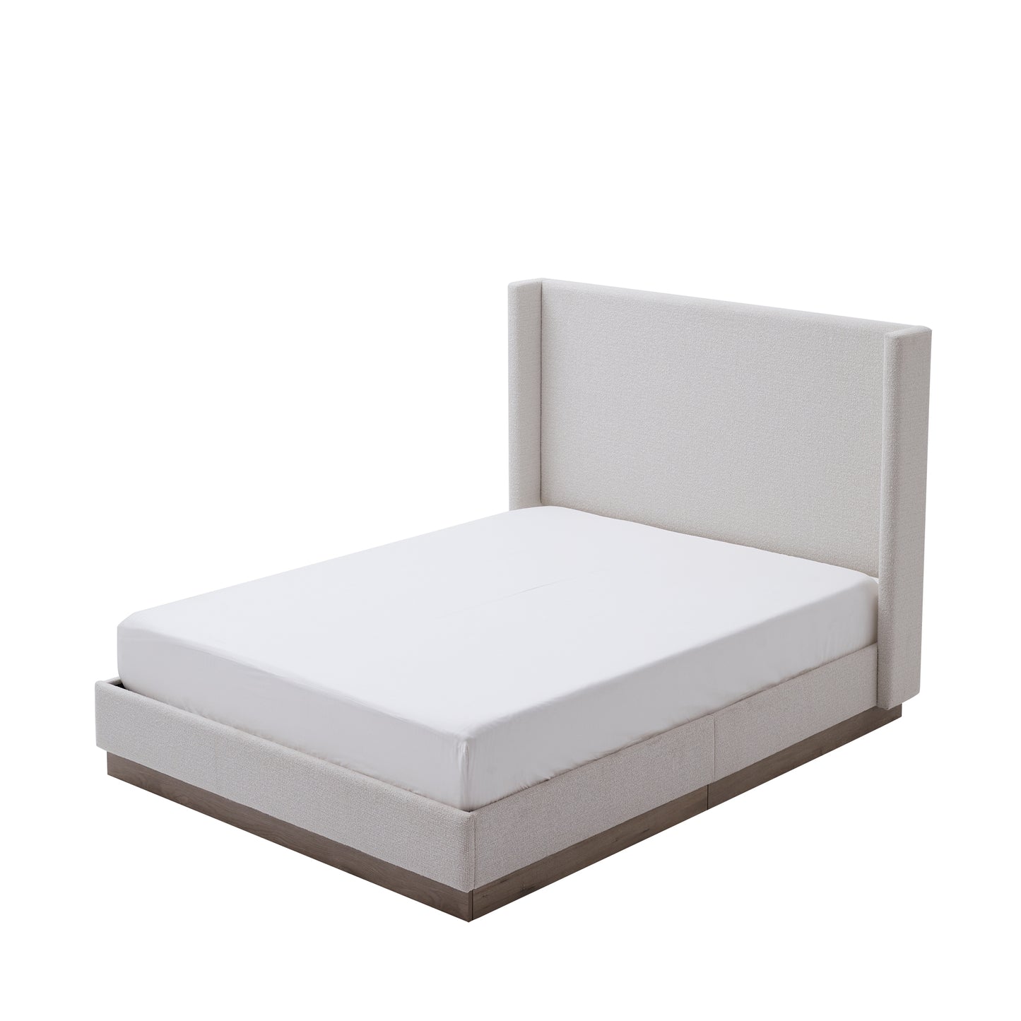 King Size Upholstered Wingback Bed - Cream White, Light Grey + Camel Oak