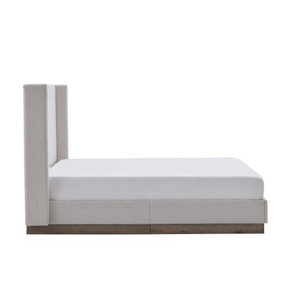 King Size Upholstered Wingback Bed - Cream White, Light Grey + Camel Oak