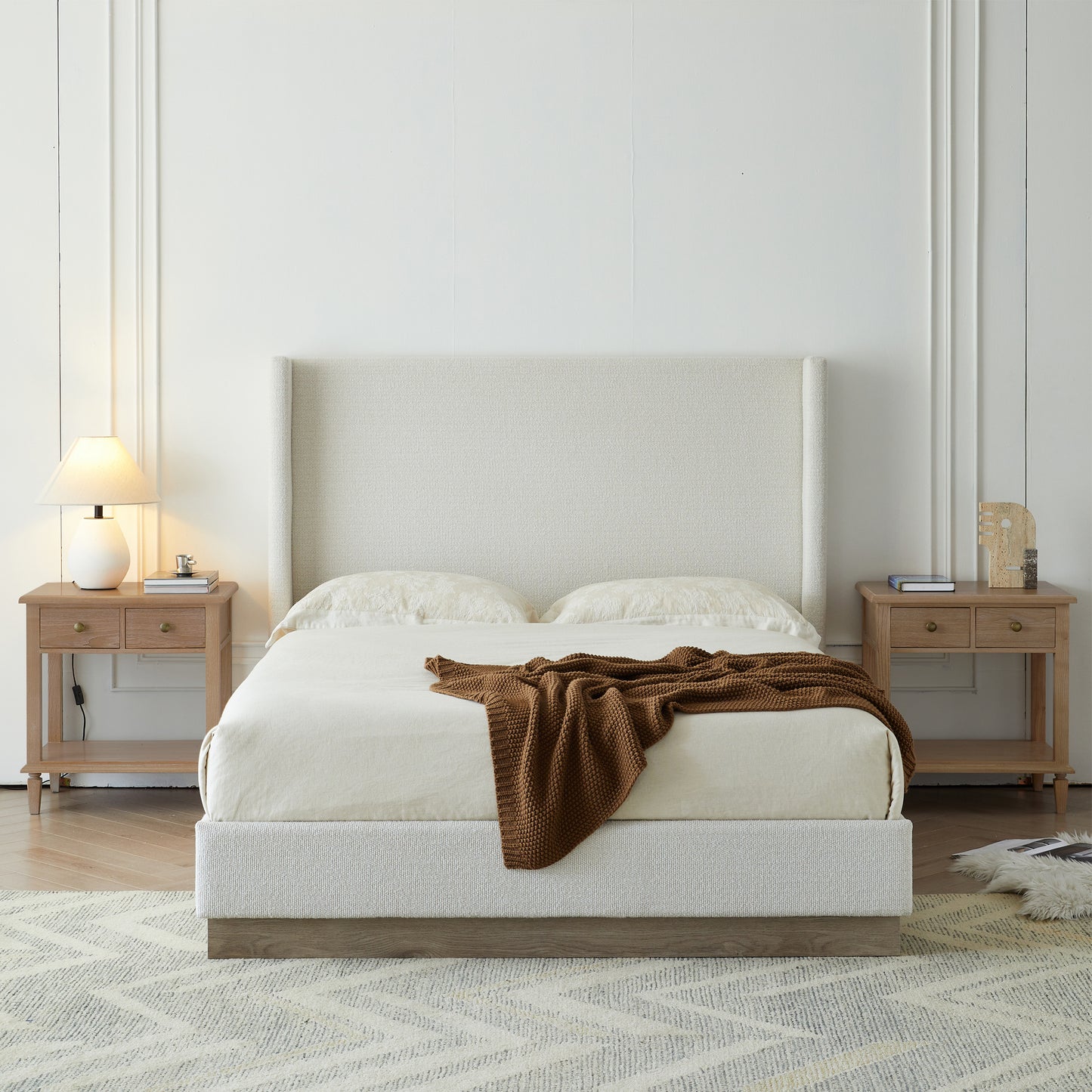 Hale Upholstered Wingback Bed Size King / Tall 51.1" Headboard Upholstered Queen Bed / Without Wooden Slats / Box Spring Request / King / Cream White Boucle/ Elegant Simplicity / Easy Assembly