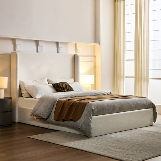 Carmen Upholstered Wingback Bed / Upholstered Platform Bed Frame / 54" High Headboard / Simplicity / Minimalist / No Box Spring Needed / Easy Assembly / Queen/ Textured Ivory Canvas / No Noise