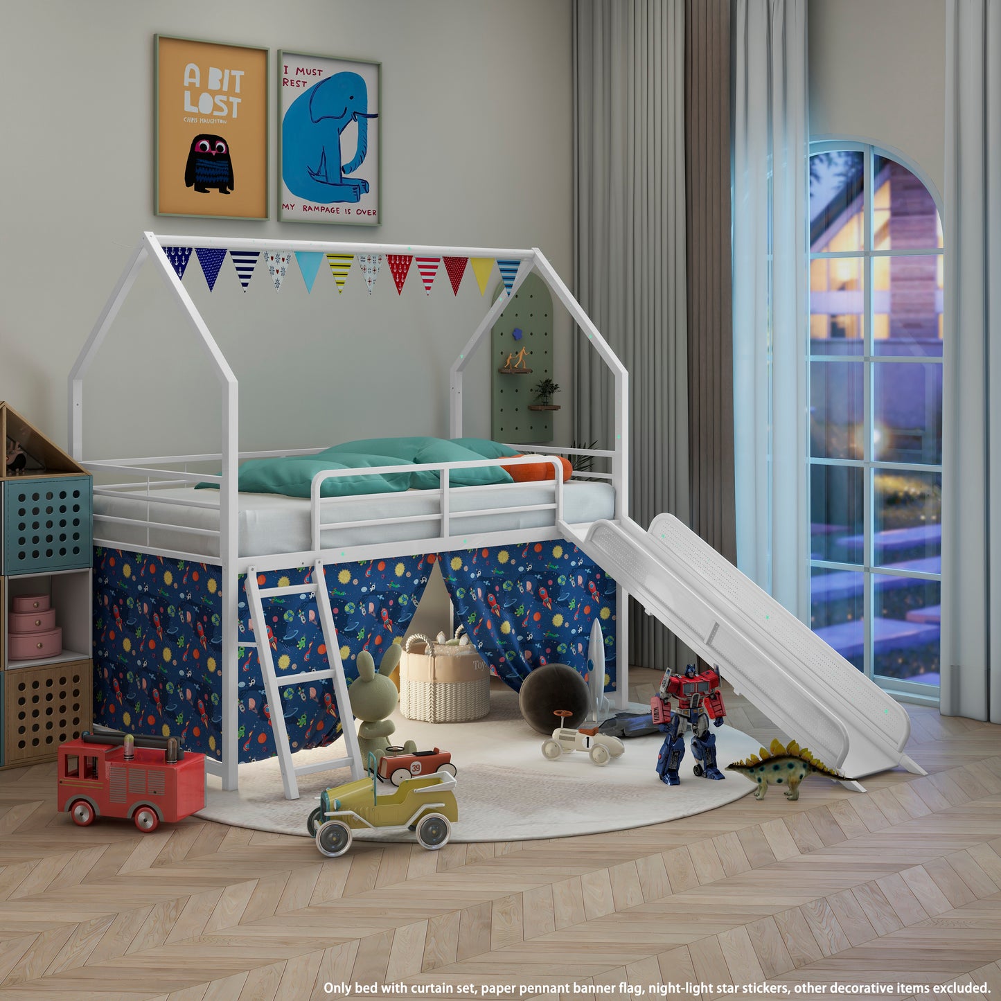 Twin Loft Bunk Bed with Slide - White+Blue Metal Frame for Bedroom