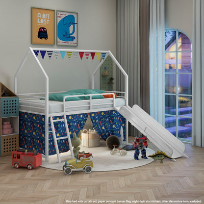 Twin Loft Bunk Bed with Slide - White+Blue Metal Frame for Bedroom