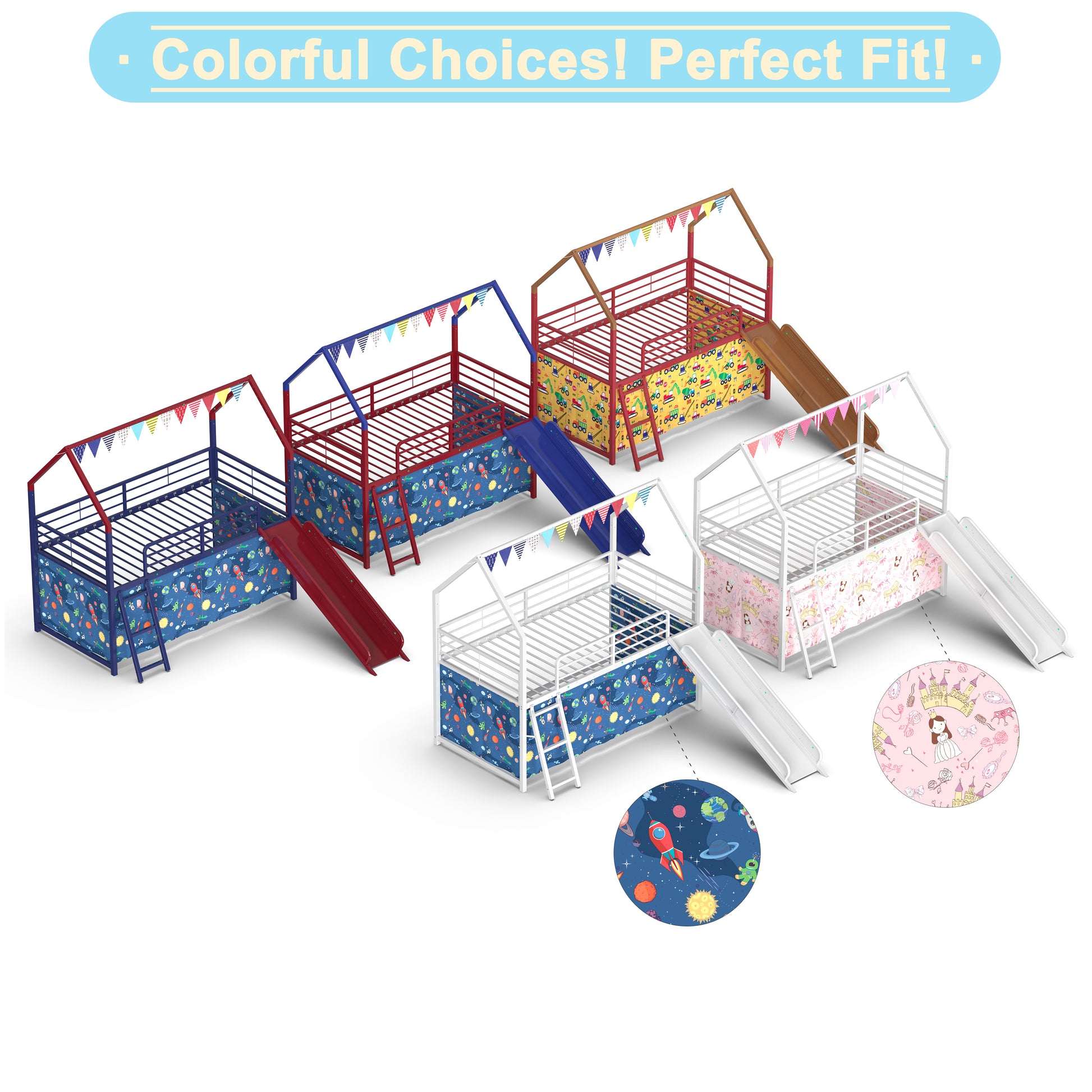 Twin Loft Bunk Bed with Slide - White+Blue Metal Frame for Bedroom