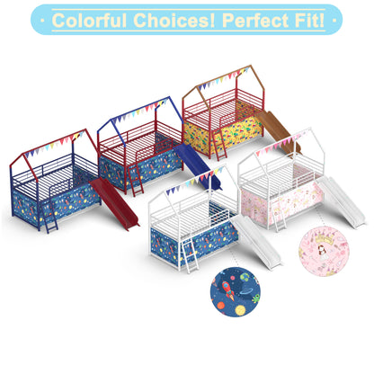 Twin Loft Bunk Bed with Slide - White+Blue Metal Frame for Bedroom