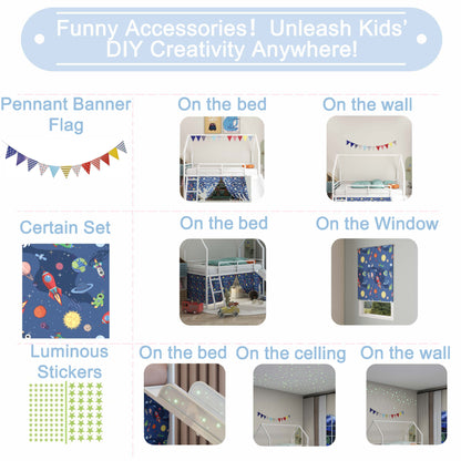 Twin Loft Bunk Bed with Slide - White+Blue Metal Frame for Bedroom