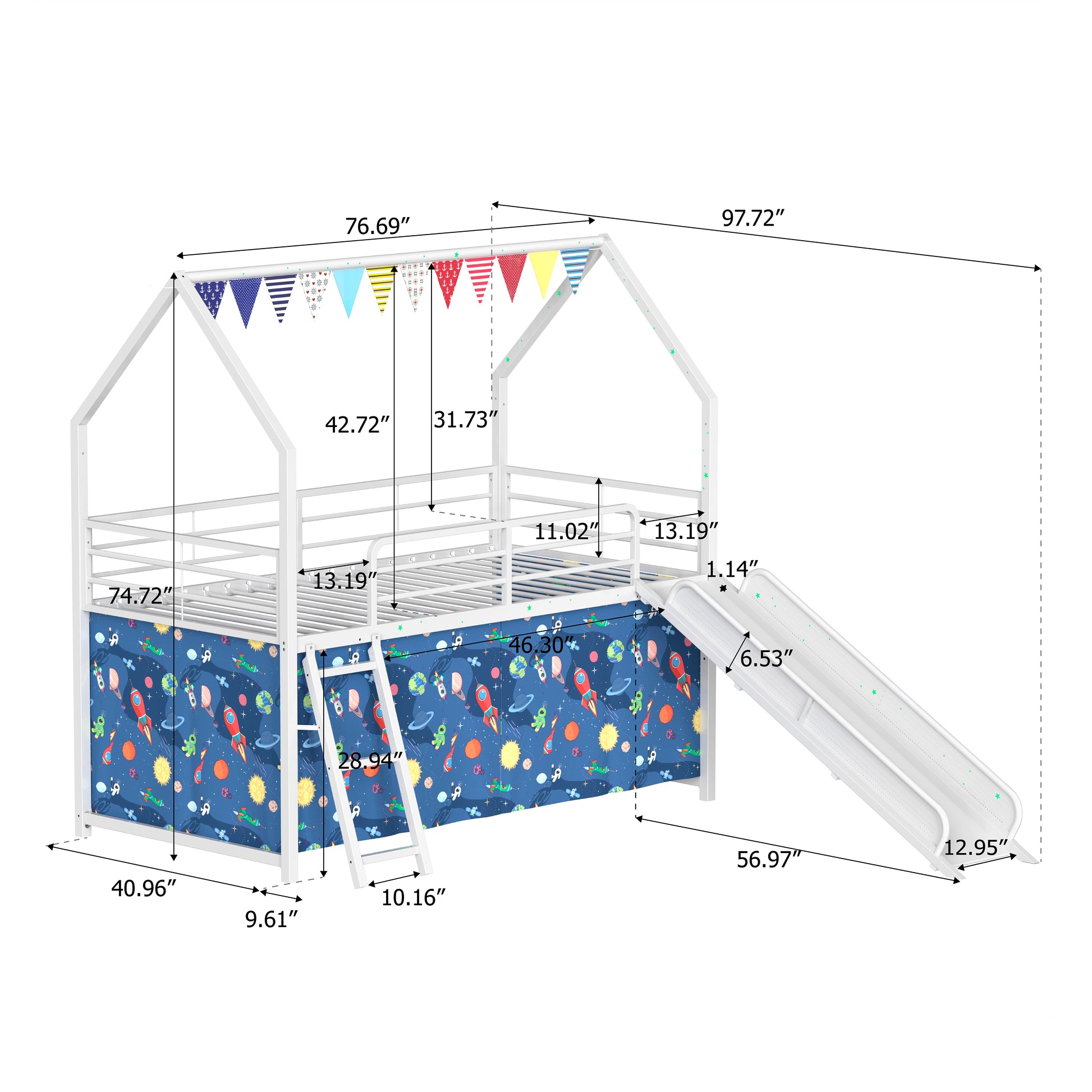 Twin Loft Bunk Bed with Slide - White+Blue Metal Frame for Bedroom