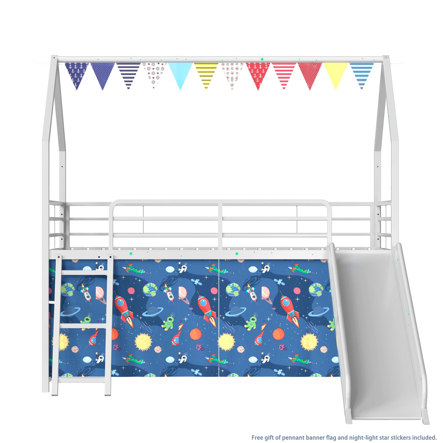 Twin Loft Bunk Bed with Slide - White+Blue Metal Frame for Bedroom