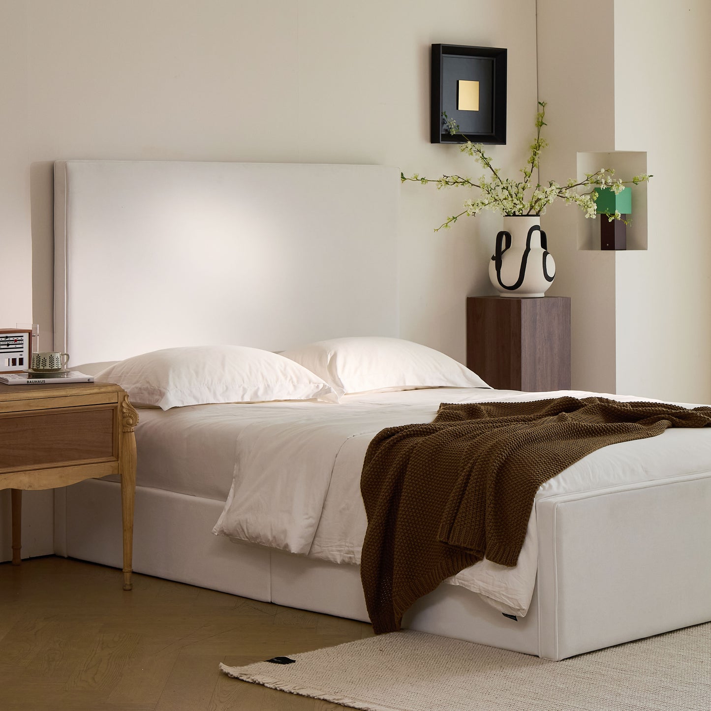King Size White Upholstered Bed Frame - No Box Spring Needed for Bedroom