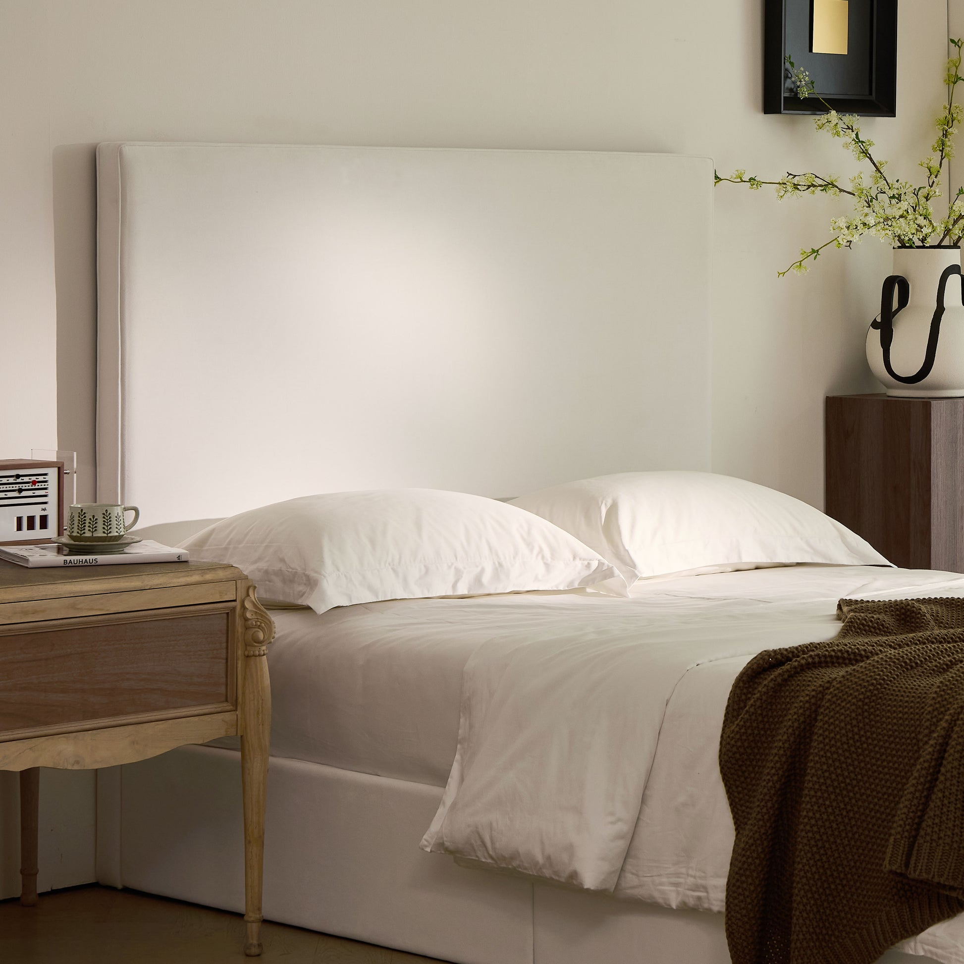 King Size White Upholstered Bed Frame - No Box Spring Needed for Bedroom