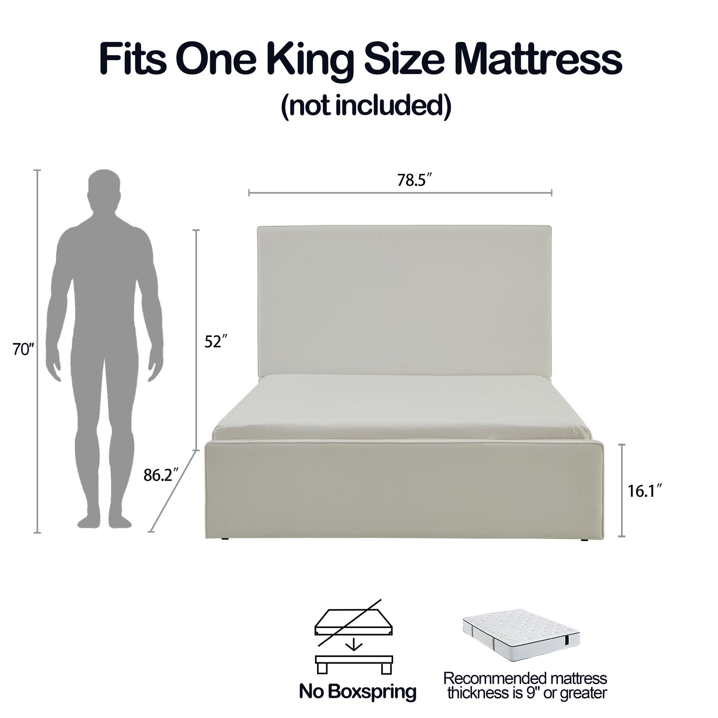 King Size White Upholstered Bed Frame - No Box Spring Needed for Bedroom