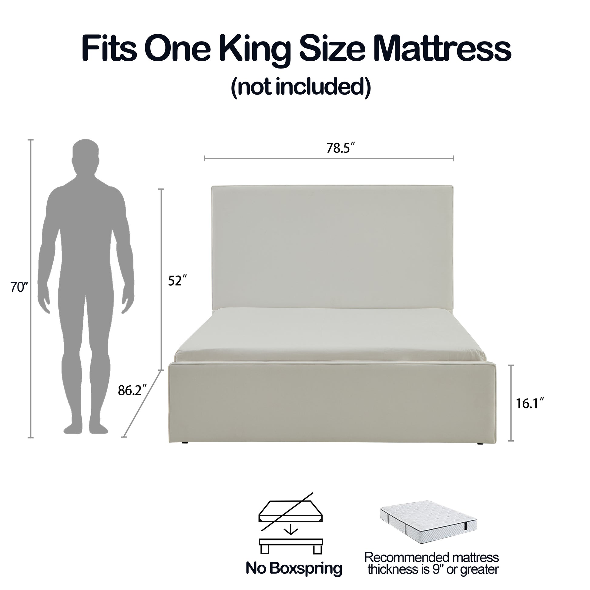 King Size White Upholstered Bed Frame - No Box Spring Needed for Bedroom