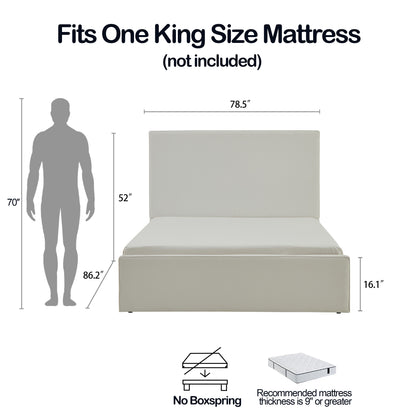 King Size White Upholstered Bed Frame - No Box Spring Needed for Bedroom