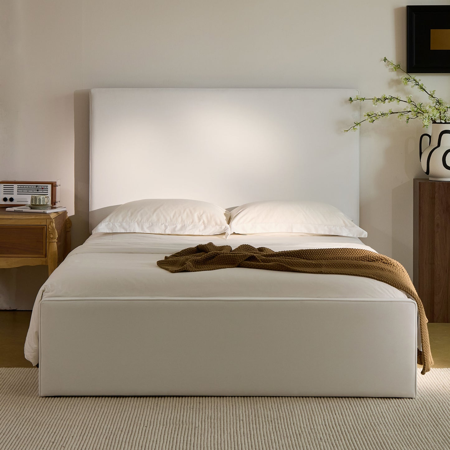 Lucas Tall Headboard Upholstered Bed / 52" High Headboard / Elegant Simplicity / No Box Spring Needed / Easy Assembly / King / Coconut Micro Suede