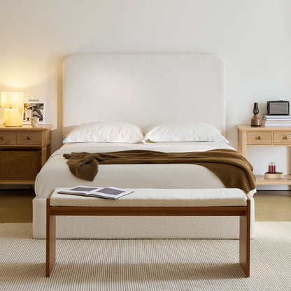 Queen White Metal Upholstered Bed Frame with Tall Headboard for Bedroom