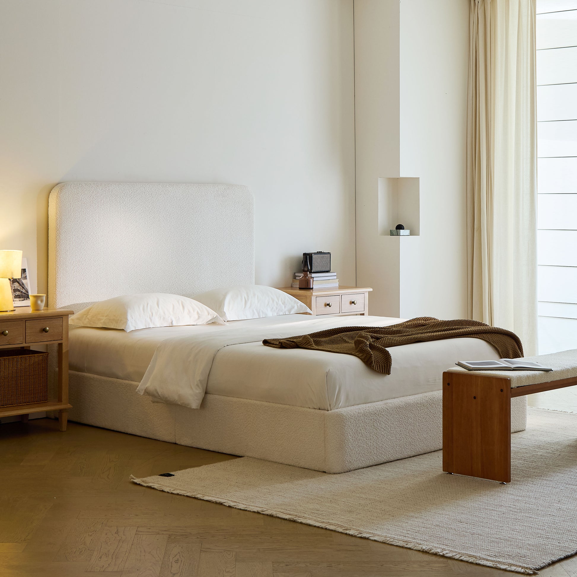 Queen White Metal Upholstered Bed Frame with Tall Headboard for Bedroom