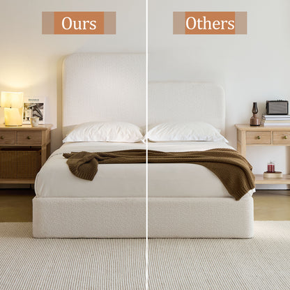 Queen White Metal Upholstered Bed Frame with Tall Headboard for Bedroom