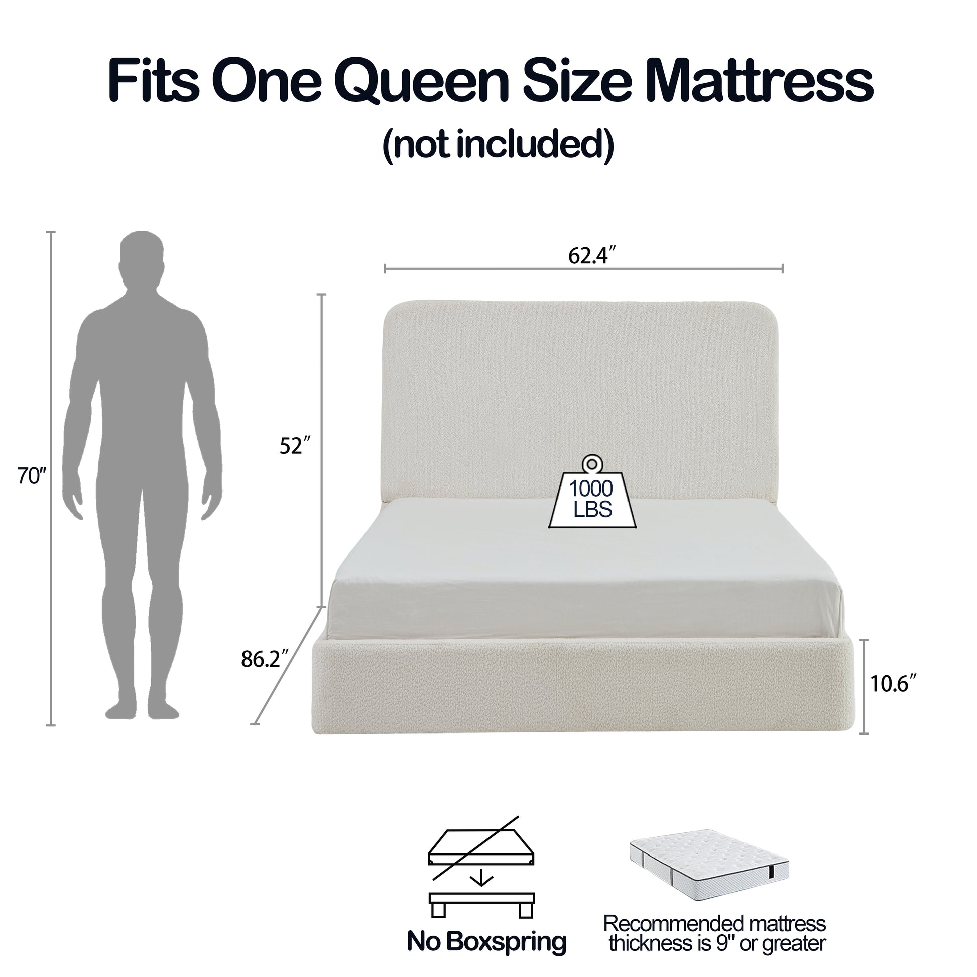 Queen White Metal Upholstered Bed Frame with Tall Headboard for Bedroom