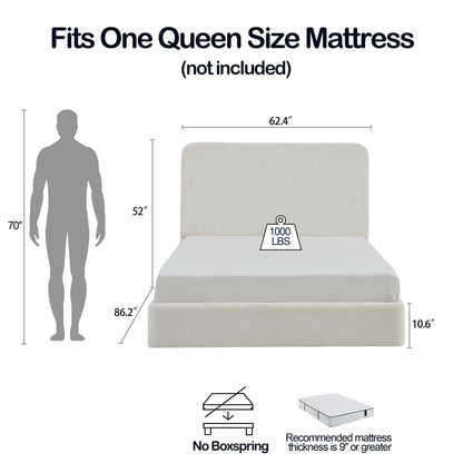 Queen White Metal Upholstered Bed Frame with Tall Headboard for Bedroom