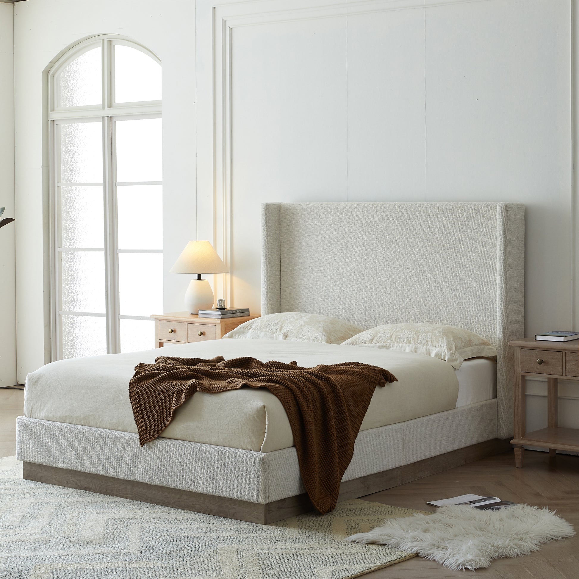 Full Size Cream White Upholstered Bed Frame for Bedroom