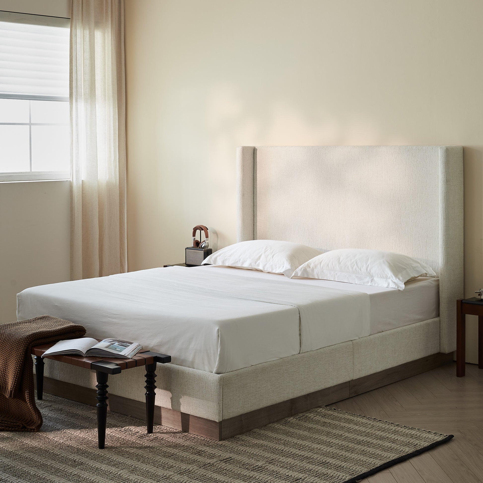 King Size Upholstered Wingback Bed - No Box Spring Needed for Bedroom